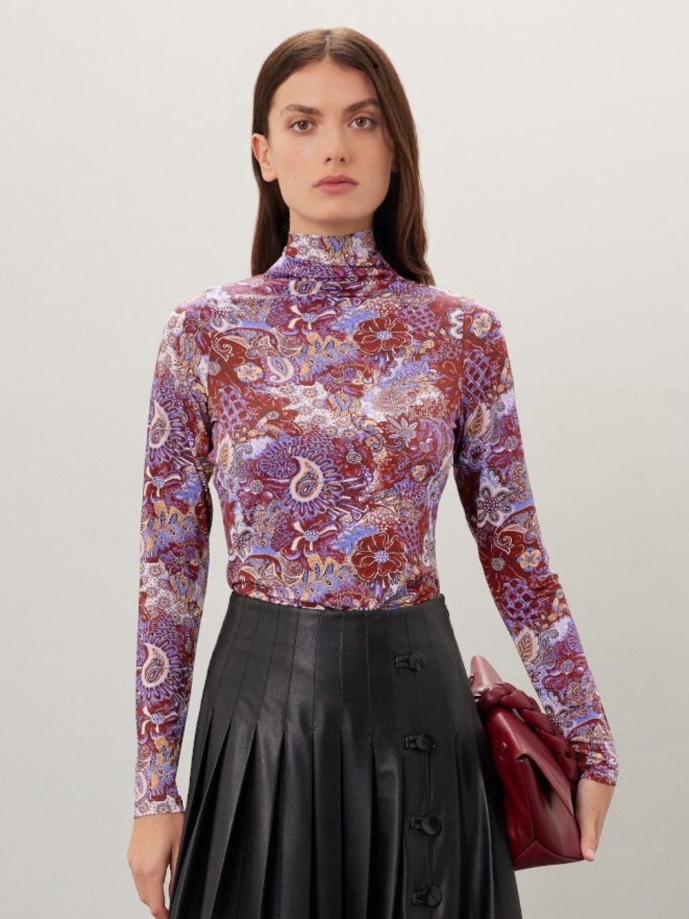 Marie Oliver Eloise Paisley Top Women’s Size S Mock Neck Stretch Slinky Knit